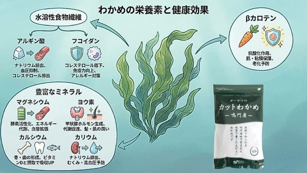 わかめの栄養素と健康効果を解説した図解イラスト。水溶性食物繊維（アルギン酸・フコイダン）、豊富なミネラル（マグネシウム・ヨウ素・カルシウム・カリウム）、βカロテンの働きとオーサワのカットわかめ