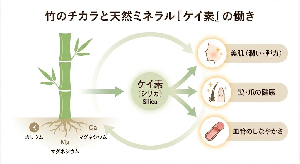 竹のチカラと天然ミネラル「ケイ素（シリカ）」の働きをまとめた、美肌・髪・血管の健康をサポートする仕組みの図解
