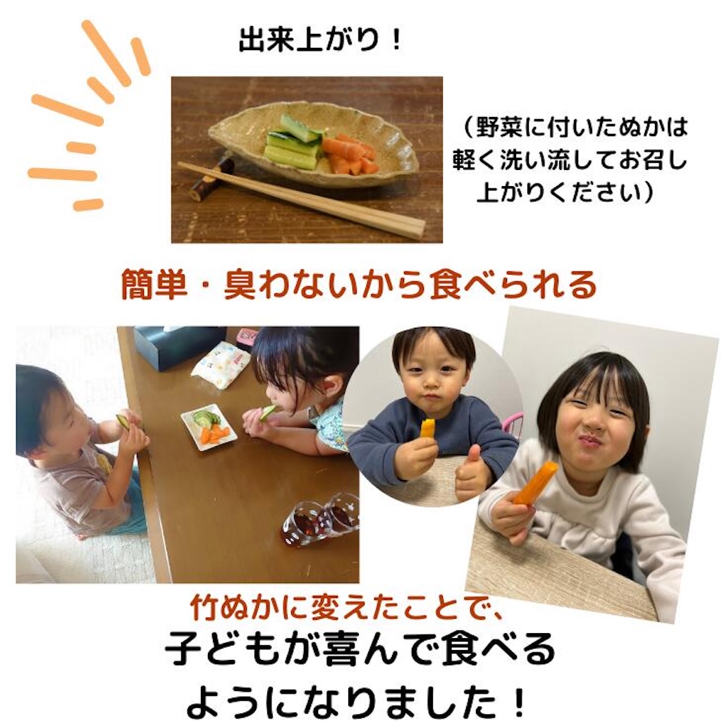 竹ぬか床で漬けた野菜を美味しそうに食べる子供たちの笑顔のコラージュ