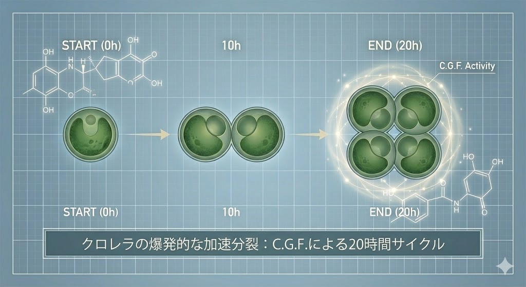 顕微鏡で捉えたクロレラの細胞。C.G.F.の働きにより活発に細胞分裂を繰り返している様子。