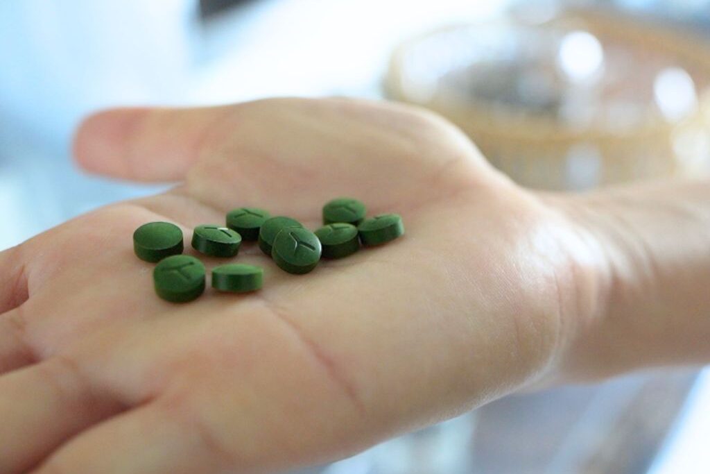 八重山クロレラ10錠を私の手の上に乗せた写真