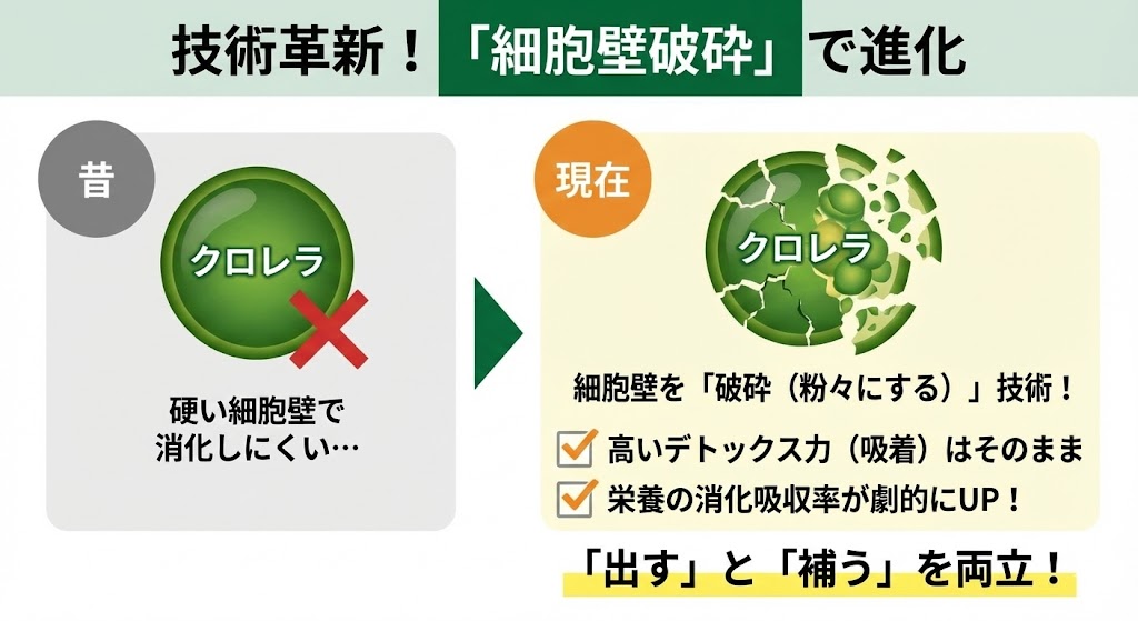 クロレラの細胞壁破砕技術の進化を示す図。昔の硬い細胞壁と、現在の破砕技術により消化吸収率とデトックス力が向上した様子の比較。
