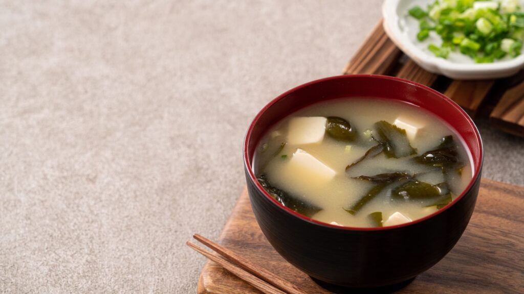 豆腐とわかめが入った温かい味噌汁。日本の食卓に欠かせない定番料理のイメージ。