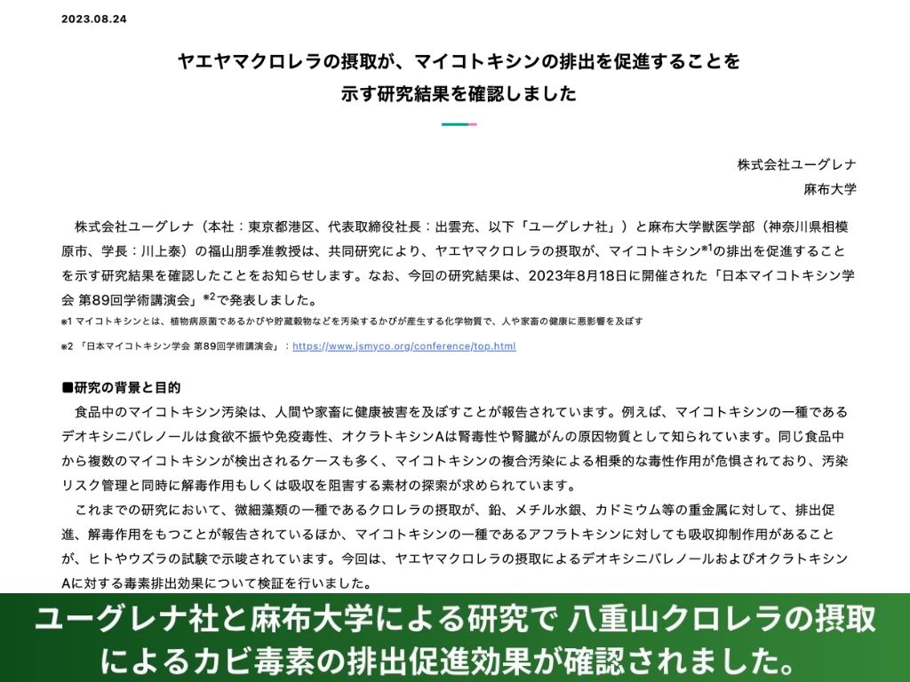 Research results from Euglena show that consuming Yaeyama Chlorella promotes the excretion of mold toxins (mycotoxins).