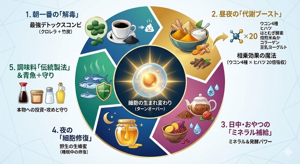 店長mikoが実践する「細胞投資」全リストを示す循環図。中央に「細胞の生まれ変わり（ターンオーバー）」があり、周囲を「1.朝の解毒（クロレラ・竹炭）」「2.昼夜の代謝ブースト（ウコン×ヒハツ相乗効果）」「3.日中おやつのミネラル補給」「4.夜の細胞修復（生蜂蜜）」「5.伝統調味料＆青魚＋守り」の5つの習慣が取り囲んでいるインフォグラフィック。