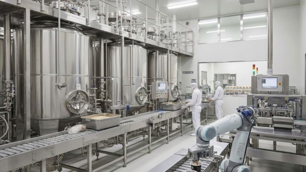 近代的な味噌工場の内部。ステンレス製のタンクとベルトコンベア、白衣を着た作業員が並ぶ