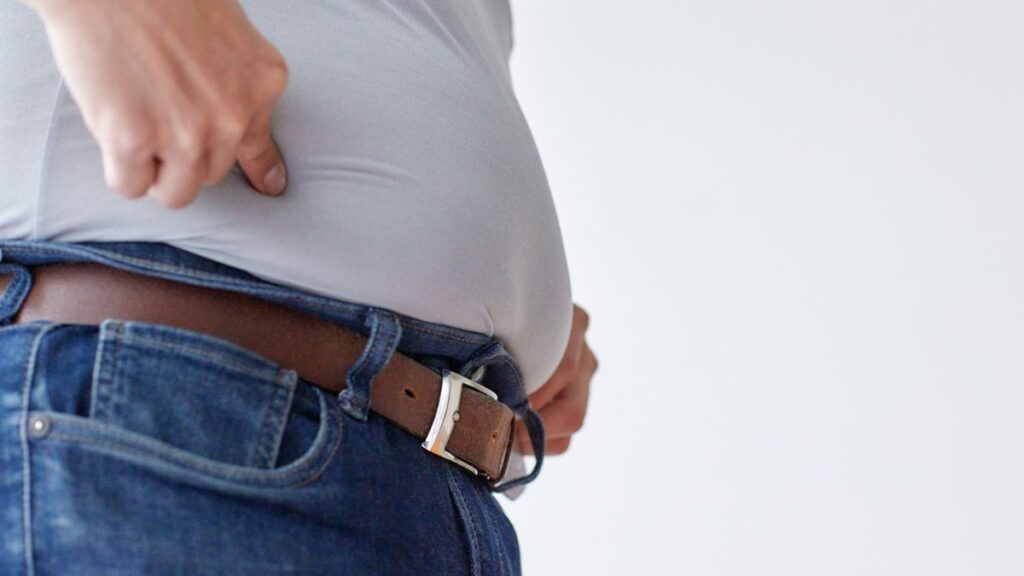 ズボンの上に乗った落ちにくいお腹の脂肪（浮き輪肉）をつまむ様子。重金属などの有害物質が蓄積しやすいとされる内臓脂肪のイメージ