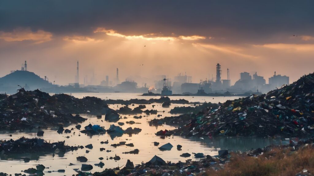 工場地帯から排出された排水とゴミで深刻に汚染された河川。規制されない有害化学物質による環境破壊の様子