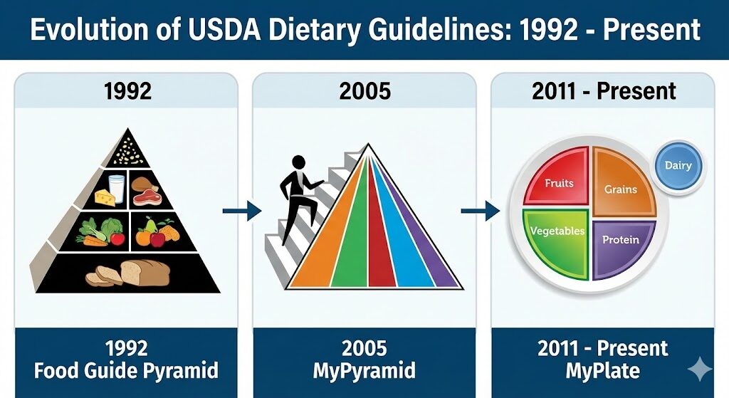 米国農務省（USDA）による食事ガイドラインの変遷比較図。左から1992年「フードガイドピラミッド」（横割り）、2005年「マイピラミッド」（縦割り・運動階段付き）、そして右端が2011年以降の現在「マイプレート」（皿型、野菜・果物・穀物・タンパク質の4分割）が並んでいる。