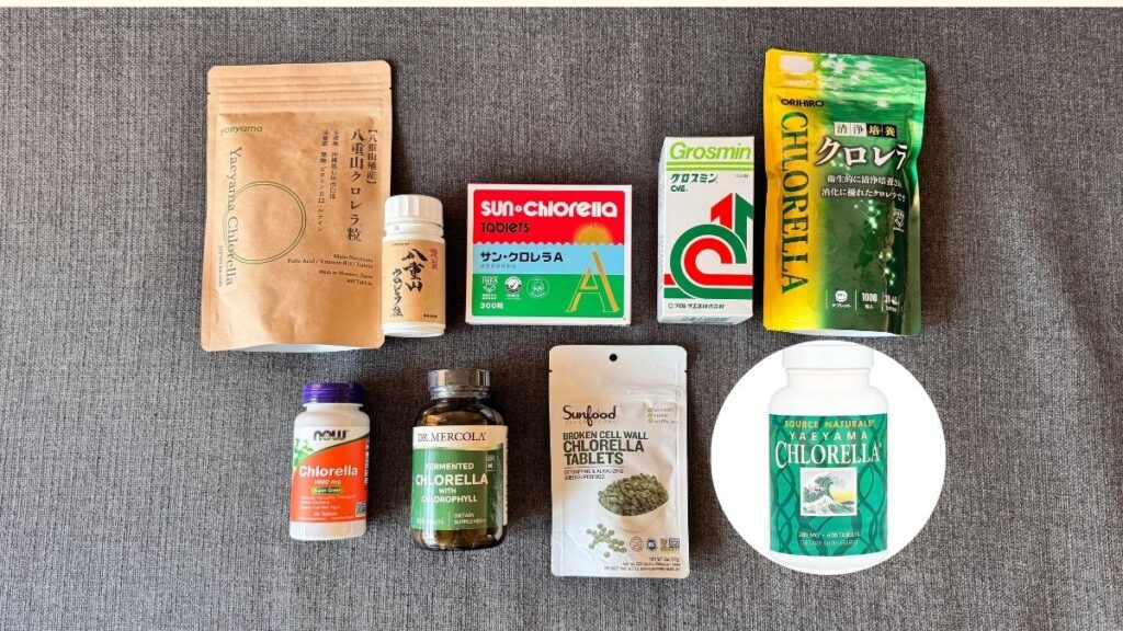 今回比較する8つのクロレラ製品の集合写真