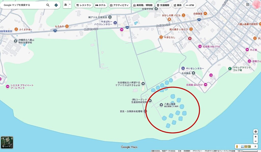 石垣島の八重山殖産の位置を示すGoogleマップ。海に面した自然豊かな場所に培養プールがある