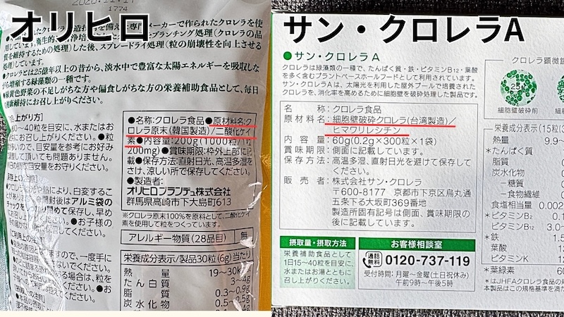 オリヒロとサン・クロレラAの原材料表示ラベル比較。オリヒロは「クロレラ原末（韓国製造）／二酸化ケイ素」、サン・クロレラAは「細胞壁破砕クロレラ（台湾製造）／ヒマワリレシチン」と記載されている。