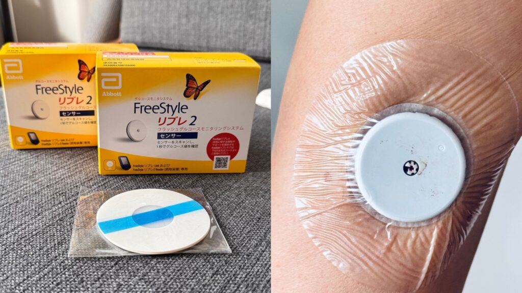 フリースタイルリブレ2のセンサーの箱とセンサー本体、そして実際に腕に装着している様子