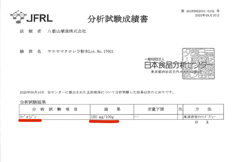 一般財団法人日本食品分析センター（JFRL）が発行した八重山クロレラ粉末のスペルミジン分析試験成績書。スペルミジン含有量150mg/100gという結果が記載されている。