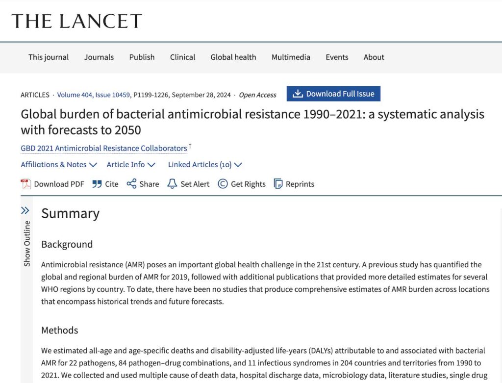 「医学誌The Lancetに掲載された薬剤耐性菌（AMR）に関する論文。1990年から2021年のデータをもとに2050年までの死亡者数を予測した、世界204カ国・地域を対象とした大規模研究。」
