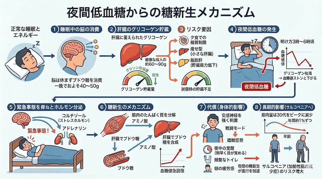夜間低血糖から糖新生が起きるメカニズムを8ステップで図解したインフォグラフィック。睡眠中の脳のブドウ糖消費から肝グリコーゲン枯渇、コルチゾール分泌、筋肉分解、サルコペニアへの流れを示している