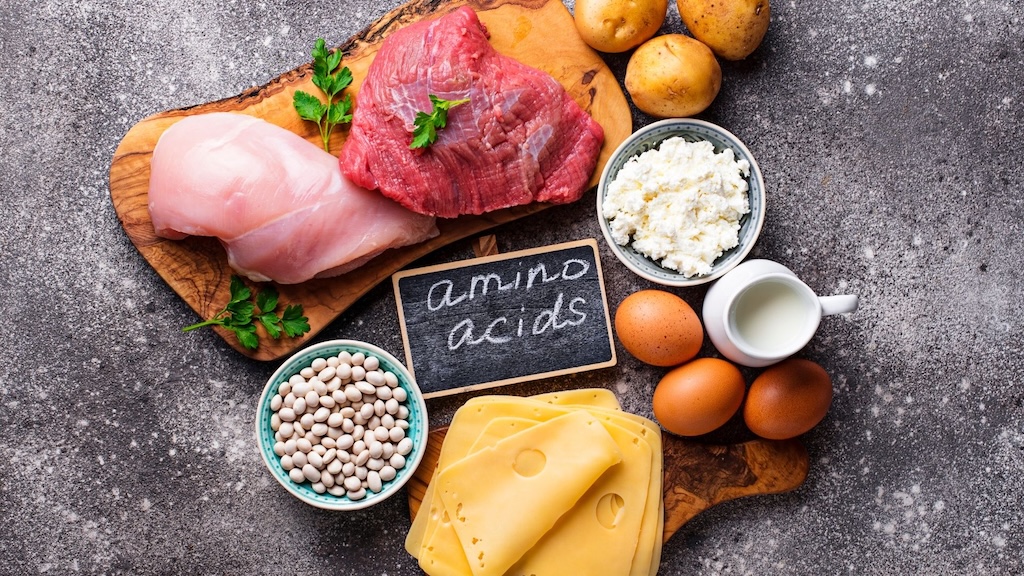 鶏肉、牛肉、卵、チーズ、牛乳、カッテージチーズ、白い豆が木のボードの上に並び、中央に「amino acids」と書かれた黒板が置かれている様子