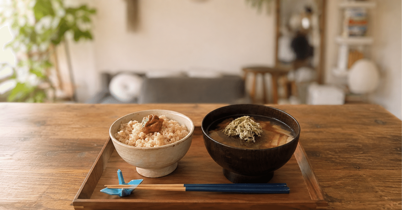木のテーブルに一人分の玄米ごはんと味噌汁が置かれた食卓のアイキャッチ画像